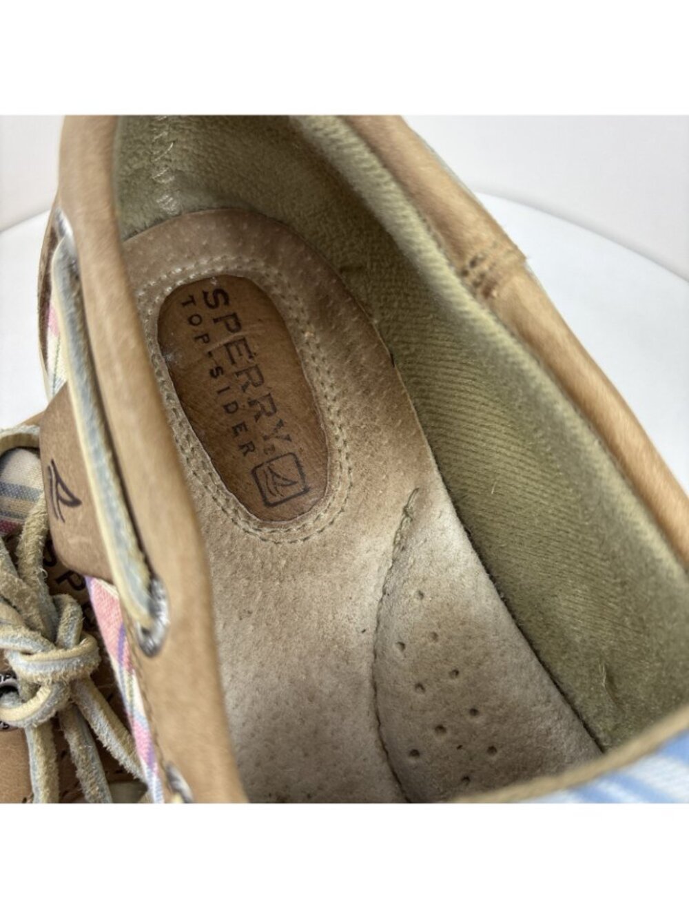 Sperry Top-sider Beige Leather Pastel Plaid Boat Shoes Size 7 - Picture 4 of 11